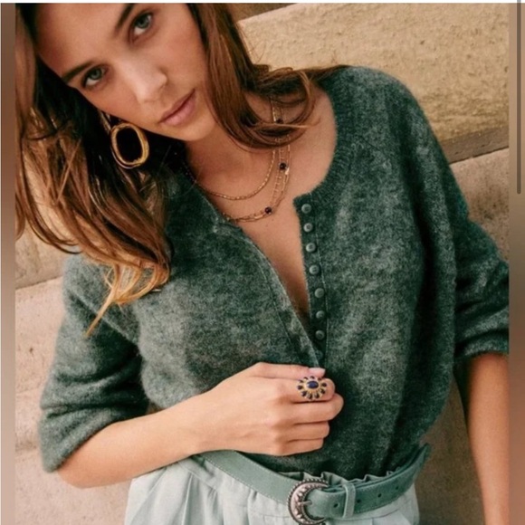 Sezane Sweaters - Sézane Leon Mohair Wool Jumper Sweater in Sage green Large Henley Balloon Sleeve